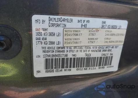 2004 Dodge Ram 1500 Slt/Laramie из США, поврежденный, VIN 1D7HA18N94S517108